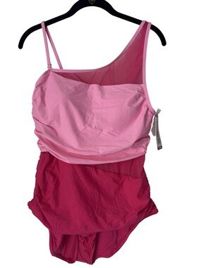 Anne Cole Two-Tone Pink One-Shoulder Asymmetrical Swimsuit ~ Size XL